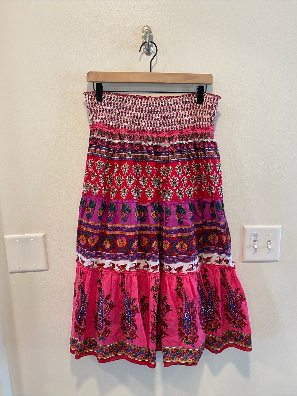 Chaudry kc smocked tiered midi skirt medium cotton floral festival cottage boho